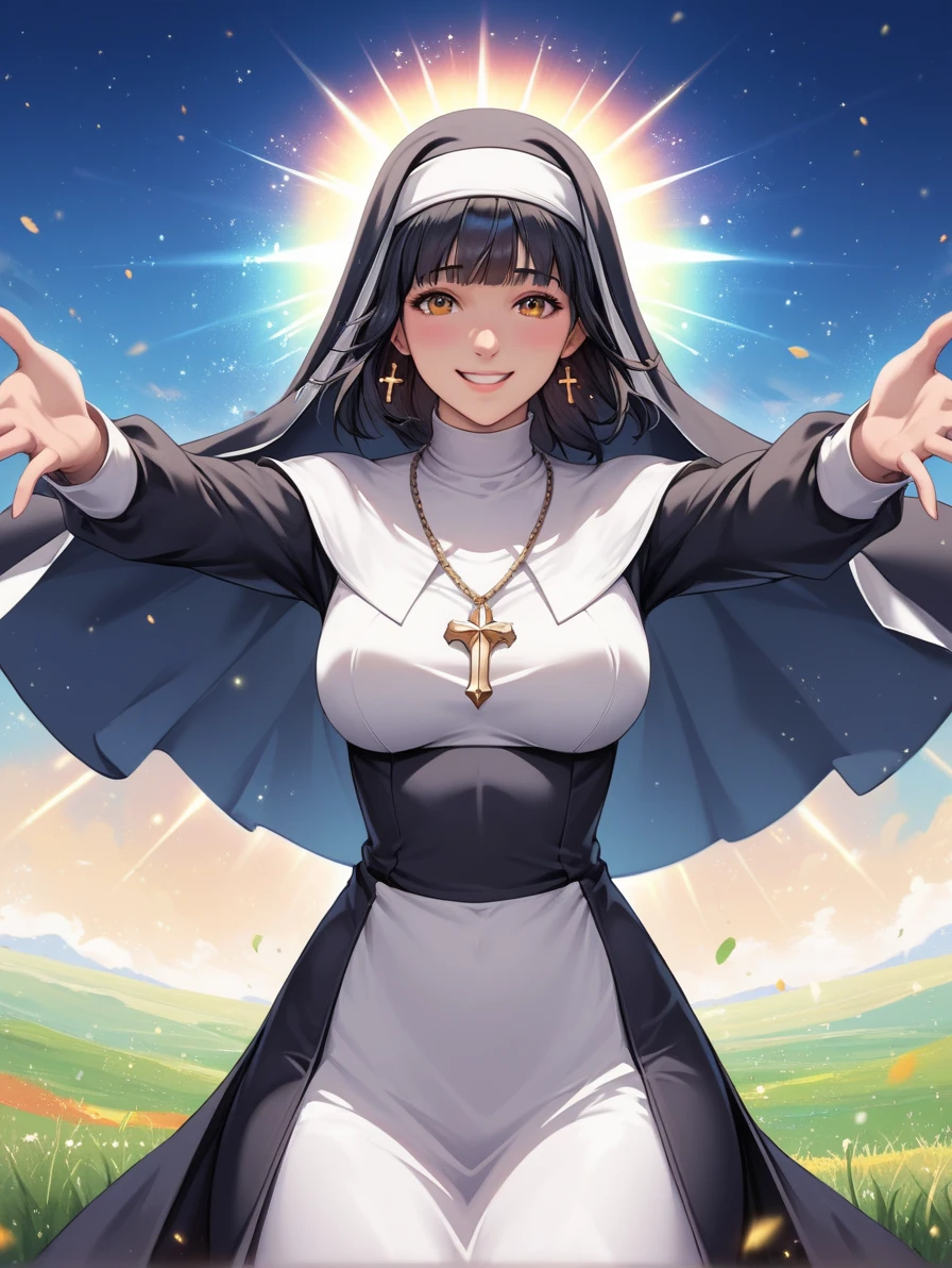 score_9, score_8_up, score_7_up, source_anime, high resolution image, masterpiece, best quality, (front view, cowboy shot), nun, shy smile, 1girl,  black hair, hime cut, full bust, wide hips, (arms outstretched), grass background, rising floating particles, colorful floating particles,