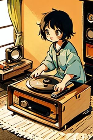 Sato Nakako Style,  cute design , The most beautiful girl ever 、Little ，Baby kitsune, (((vintage record player)))、analog， living room