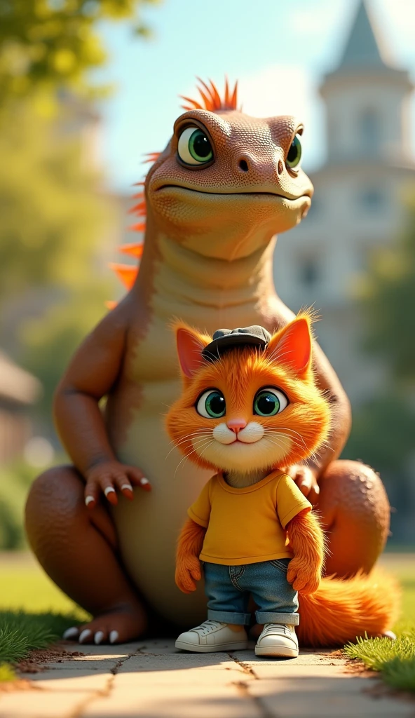 " High quality 3D rendering of anthropomorphic orange hairy male juvenile kitten with expressive green eyes, wearing yellow t-shirt , jeans, black hat, and white shoes . Sitting next to a giant brown lizard, his expression is smiling . the background is in the park of a city . Lighting like sunny and cool weather . Cartoon style with fur details and bright colors . 3d animated cartoon