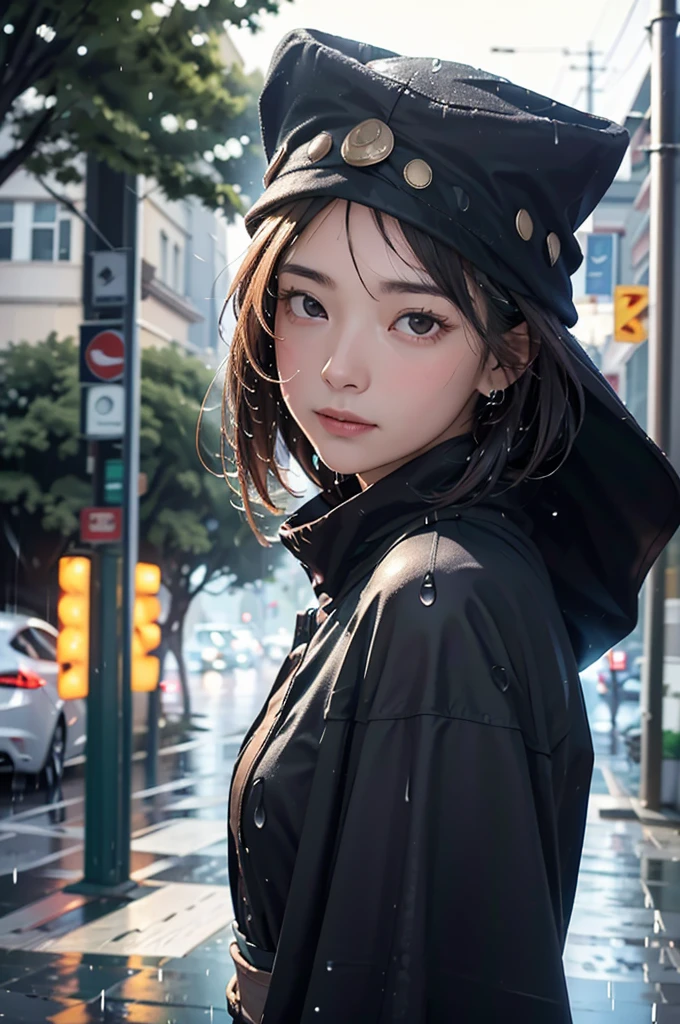 ( High Quality:1.3)、 (Realistic)、( Photo Real)、In the dim city、( beautiful face)、(Heavy rain:1.37)、(In an empty city)、(I can see big raindrops)、(Raindrop effect:1.5)、、(Wear a brimless tubular hat:1.3)、( a haze like a shadow wearing a cloak))、Despair and loneliness、The only person in the world、A beautiful girl with a mysterious aura、Irregular streetscape、 absurd、 Warped World 、(A haze like a shadow wearing a 、 looking up at the sky )、Rear view、 full body view