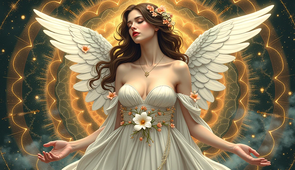 A color photo of a dance performance, beautiful angel face,realitic,set against a backdrop of a heavenly palace in the clouds, next to the Jade Pool. The dancer is wearing an elegant and flowing costume, with long trailing sleeves that resemble feathered wings. The erotic dancer's movements are graceful and fluid, as if she is flying in the sky. The atmosphere is divine and serene. The photo utilizes specific camera settings, including a particular camera model, film type, and lens techniques. A collaboration of creative professionals from various fields will work together to uniquely capture the beauty and magic of the dance --auto --s2