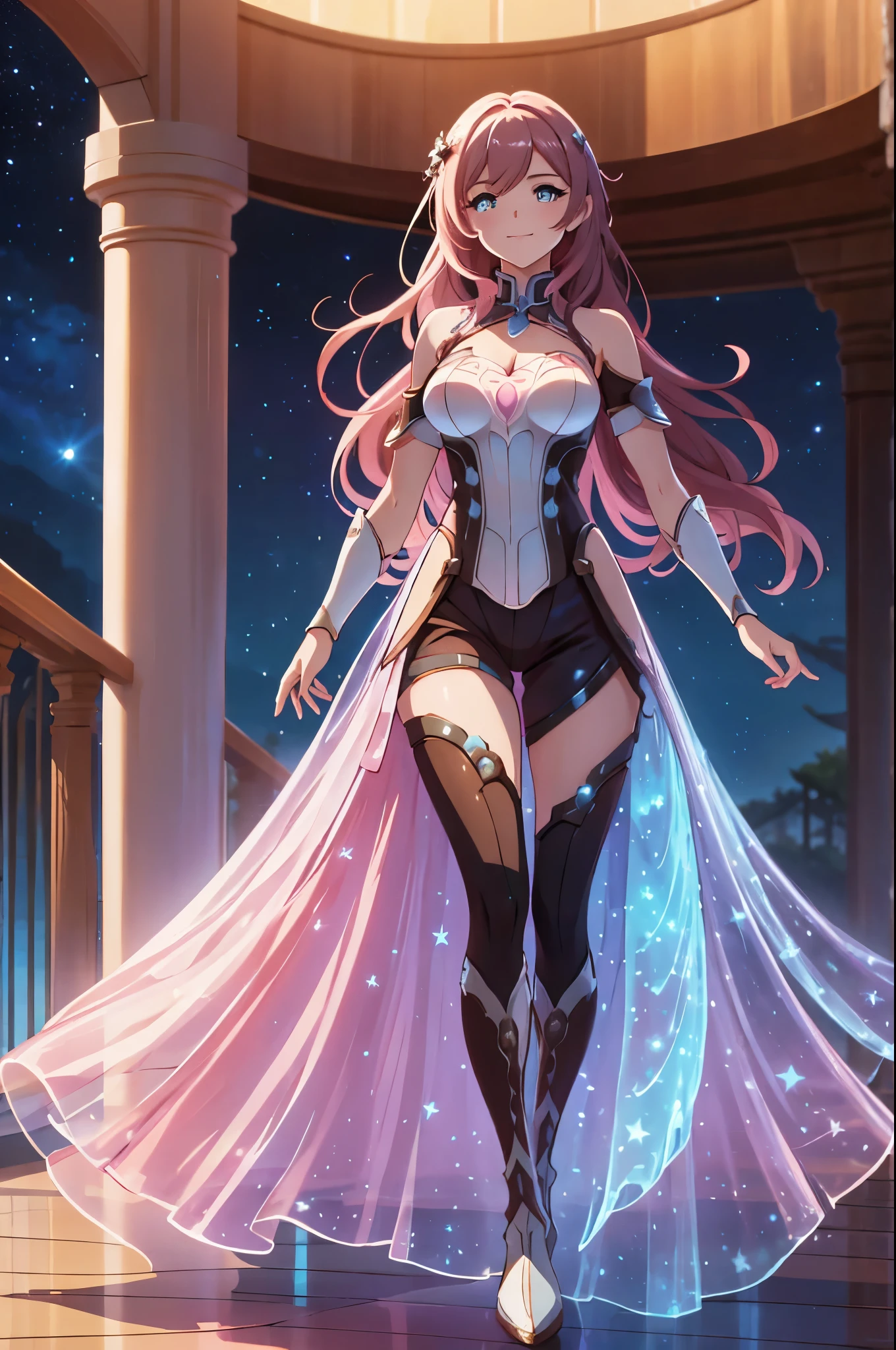 (high-quality, breathtaking),(expressive eyes, perfect face) Symmetrical Eyes, portrait, 1girl, pink and brown hair color, multicolored hair, glowing hair, bright blue eyes, breastplate, armor, gauntlets, wavy hair, smiling, goddess, Neopolitan RWBY, elysia \(herrscher of human:ego\), long hair length, half open eyes, mature woman, stars in background, blue embers, bioluminescent dress, pants, boots, fullbody