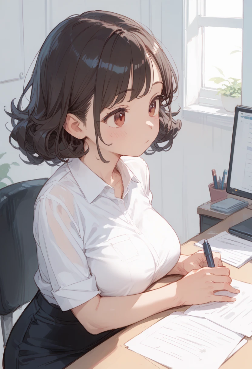 (( best quality)), ((masterpiece)), ( Details), 1girl, Alone, cute, ****, cute face, sketch-style illustration, The lines are unstable in thickness, shoulder-length hair, straight hair, blown hair, red eyes, big breasts, office worker, white shirts