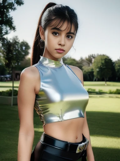  Portrait of a charming 18-year-old teenage girl ,  Healthy , Beautiful Indian girl, ponytail, cute and serious , blushing,  is an obscene and provocative expression for the viewer, (( tight silk silver top ))), black latex pants with a belt ,  full body, bang, in the park,  sexy  ,  ultra-realistic ,  Photorealistic ,  in detail, light skin, 8K  in detail, [don&#39;t worry, nsfv,]  full length.