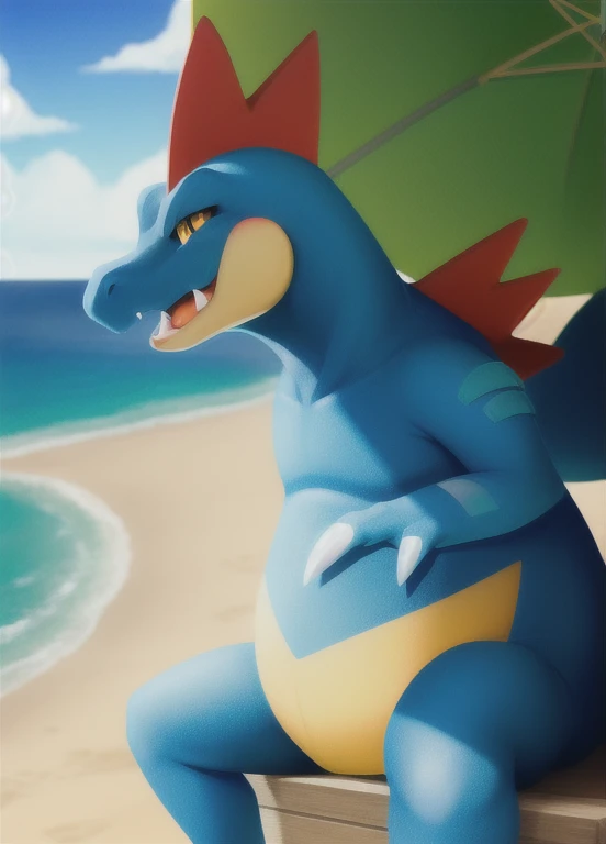 Feraligatr, Pokémon, whole body, Solo, strong, yellow eyes, beach landscape,