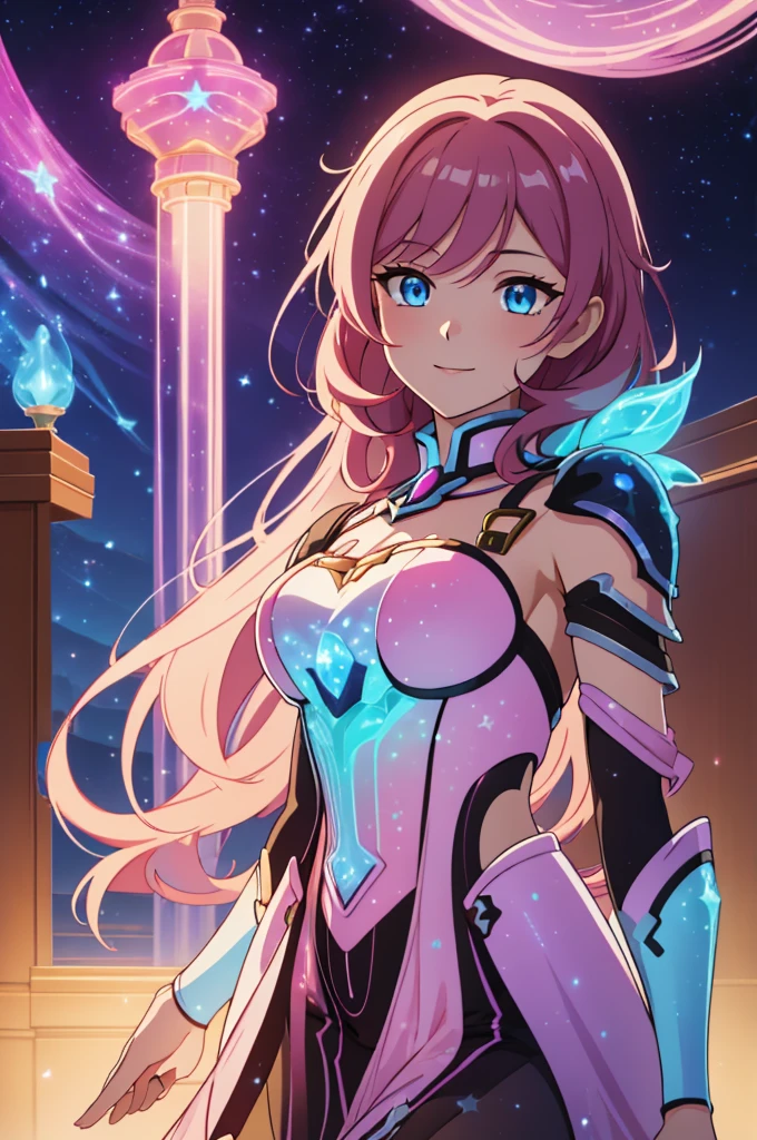 (high-quality, breathtaking),(expressive eyes, perfect face) Symmetrical Eyes, portrait, 1girl, pink and brown hair color, multicolored hair, glowing hair, bright blue eyes, breastplate, armor, gauntlets, wavy hair, smiling, goddess, Neopolitan RWBY, elysia \(herrscher of human:ego\), long hair length, half open eyes, mature woman, stars in background, blue embers, bioluminescent dress,
   