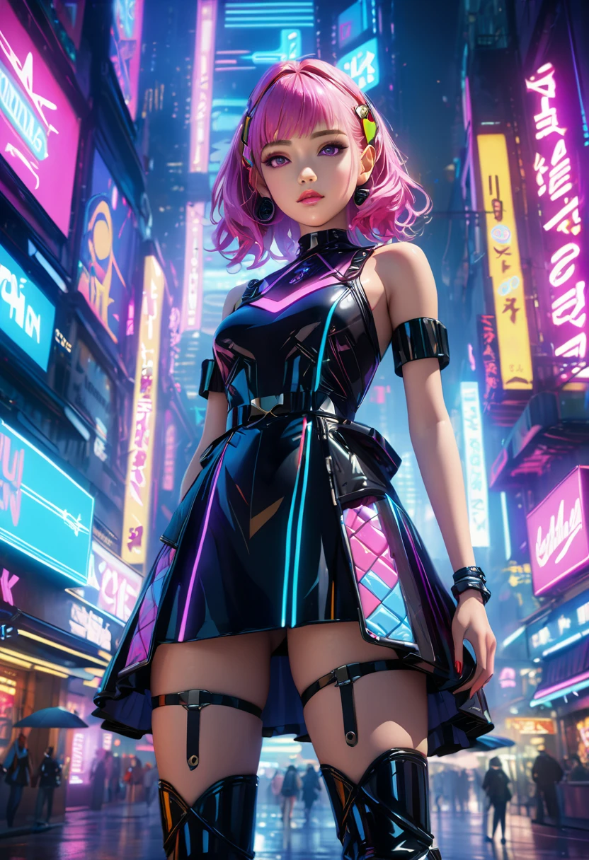 1girl, virtual idol, beautiful girl, 1980s retro digital world, technopop, vibrant colors, dress, thigh high socks, thigh high boots, detailed eyes, detailed lips, extremely detailed face, cinematic lighting, volumetric fog, neon lights, glowing cyberpunk city, intricate futuristic architecture, (best quality,4k,8k,highres,masterpiece:1.2),ultra-detailed,(realistic,photorealistic,photo-realistic:1.37),depth of field,cinematic angle