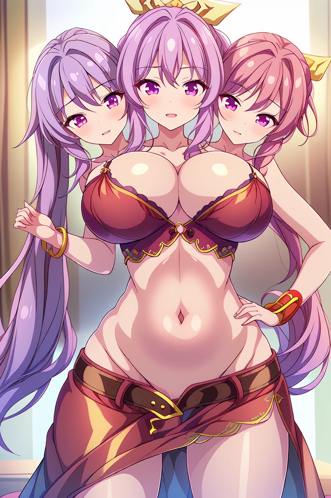 (masterpiece, best quality), best quality, (ultra-detailed), (3heads:1.5), 1girl, (watatsuki no yorihime:1.3), masterpiece, best quality, ultra quality, ultra resolution, ultra detail, dark red top, small crop top, ((stomach)), midriff, ((groin)), open midriff, dark red skirt, miniskirt, normal ears, shackles, light purple hair, tied into a ponytail, wearing a ponytail, very long hair, wavy hair, sidelocks, purple eyes, parted lips, smiling, cute smile, soft smile, cute, open belly, toned belly, hand on own chest, hands on hips, eyelashes, (2 woman:1.3), (masterpiece:1.5), (best quality:1.5), (beautiful detailed:1.5), extremely detailed CG, extremely delicate and beautiful, depth of field, (finely detailed face), (perfect details:1.3), (mature female:1.3), wide pelvis, slender, very large veiny breast, 16k resolution, highres, very high quality, very high definition, extremely detailed, masterpiece, light purple hair, long hair, alluring presence, ponytail, short skirt, close up, very big breasts, huge breasts, young, white bonnet, red bow, open belly, midriff, nsfw,
