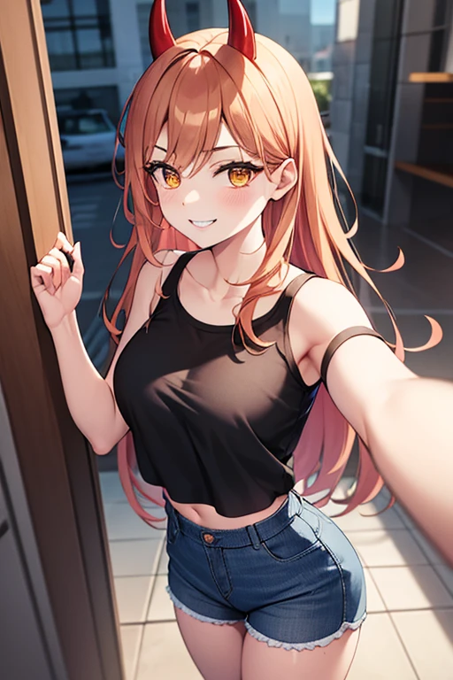 Power, a female, Reddish blonde hair, long hair, yellow eyes, red pupils, red horns, pink blouse, black jorts, smile, 4K