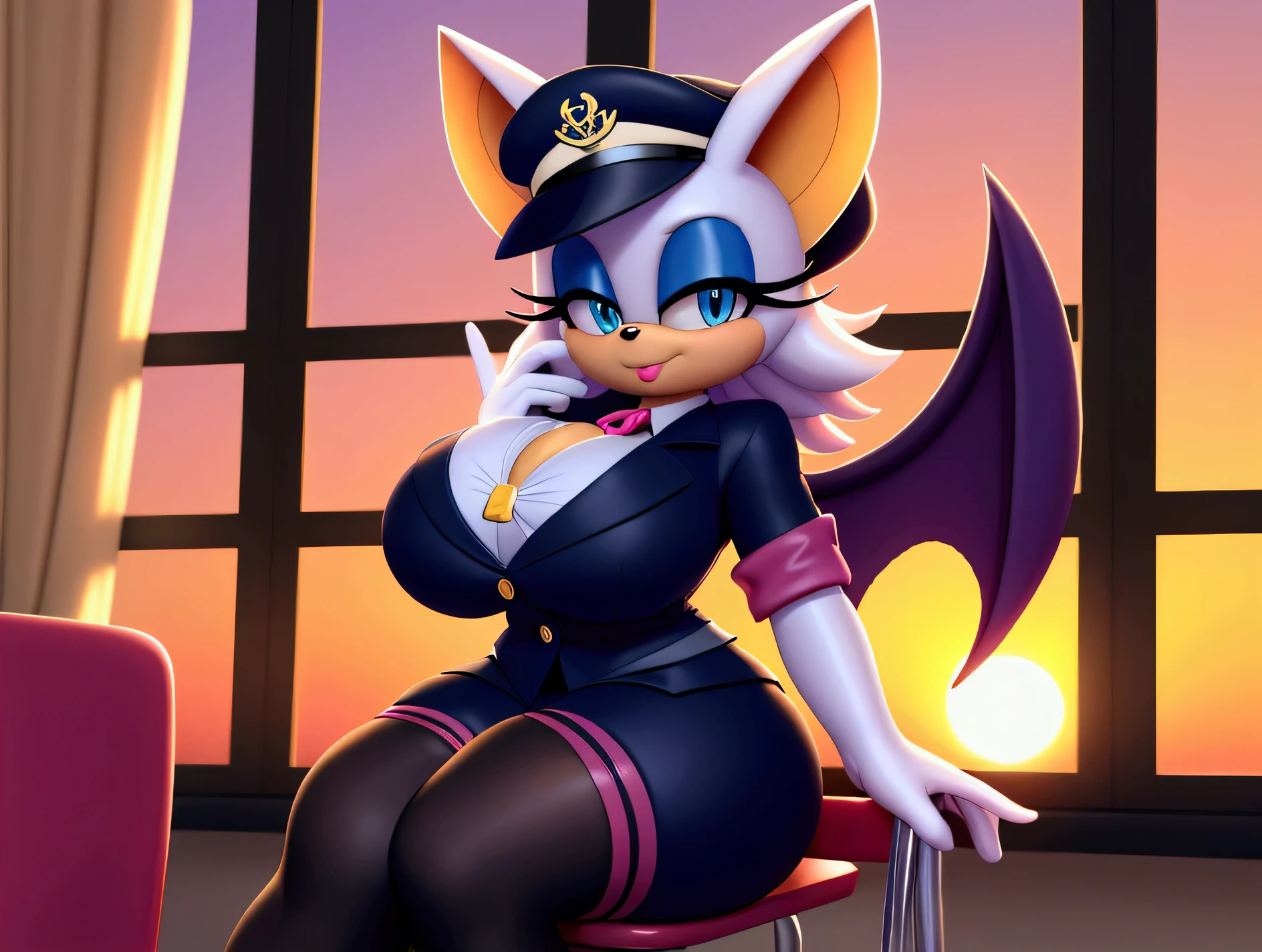 Rouge the bat,Blue Eyes wears a , with black stockings with straps, white gloves, flirty look, Large breasts , big thighs sailor's hat, sitting on a chair  ,in a classroom , at sunset , school suit sitting next to a window with sunlight 