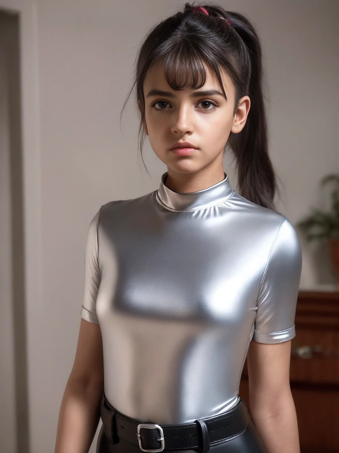  Portrait of a charming 18-year-old teenage girl ,  Healthy , Beautiful Indian girl, ponytail, cute and serious , blushing,  is an obscene and provocative expression for the viewer, (( tight silk silver top ))), black latex pants with a belt ,  full body, bang, in the bedroom near the closet,  sexy  ,  ultra-realistic ,  Photorealistic ,  in detail, light skin, 8K  in detail, [don&#39;t worry, nsfv,] species:  full length.