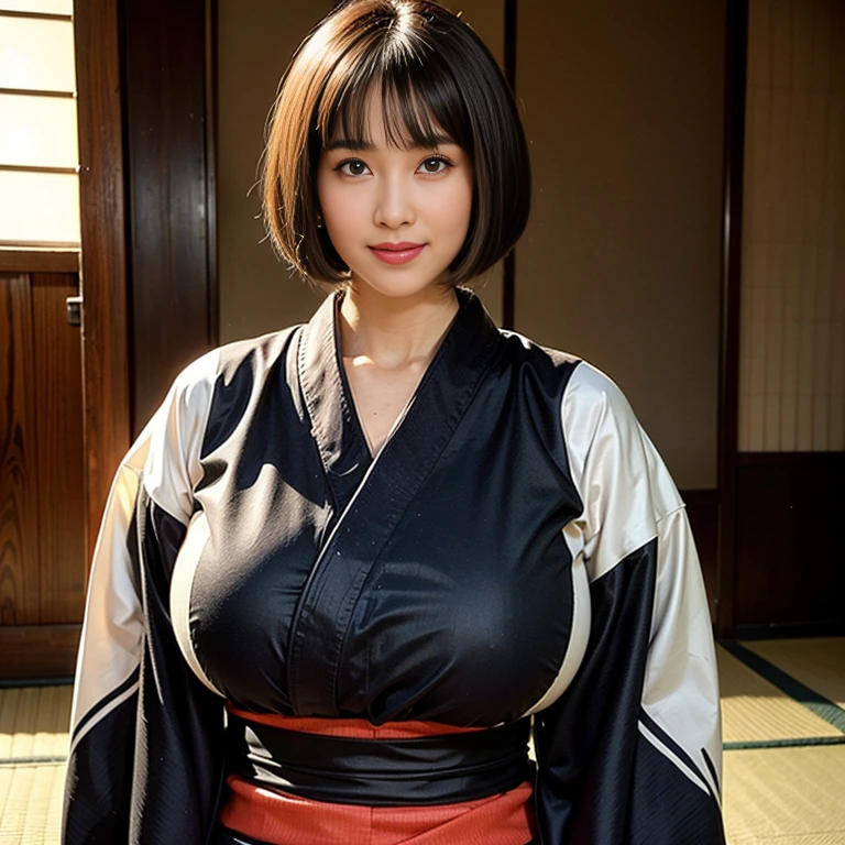 (Asian Woman),(huge breasts:1.2),(thin waist:1.35),(thin body:1.4),(she is wearing kimono:1.5),(black hair),(bob cut:1.5),(dark skin),She has a naughty smile on her face,top-quality,masutepiece,8K,Photorealsitic,highly detailed face,sharp and clear facial features,(Japanese room),(cowboy shot:1.3)