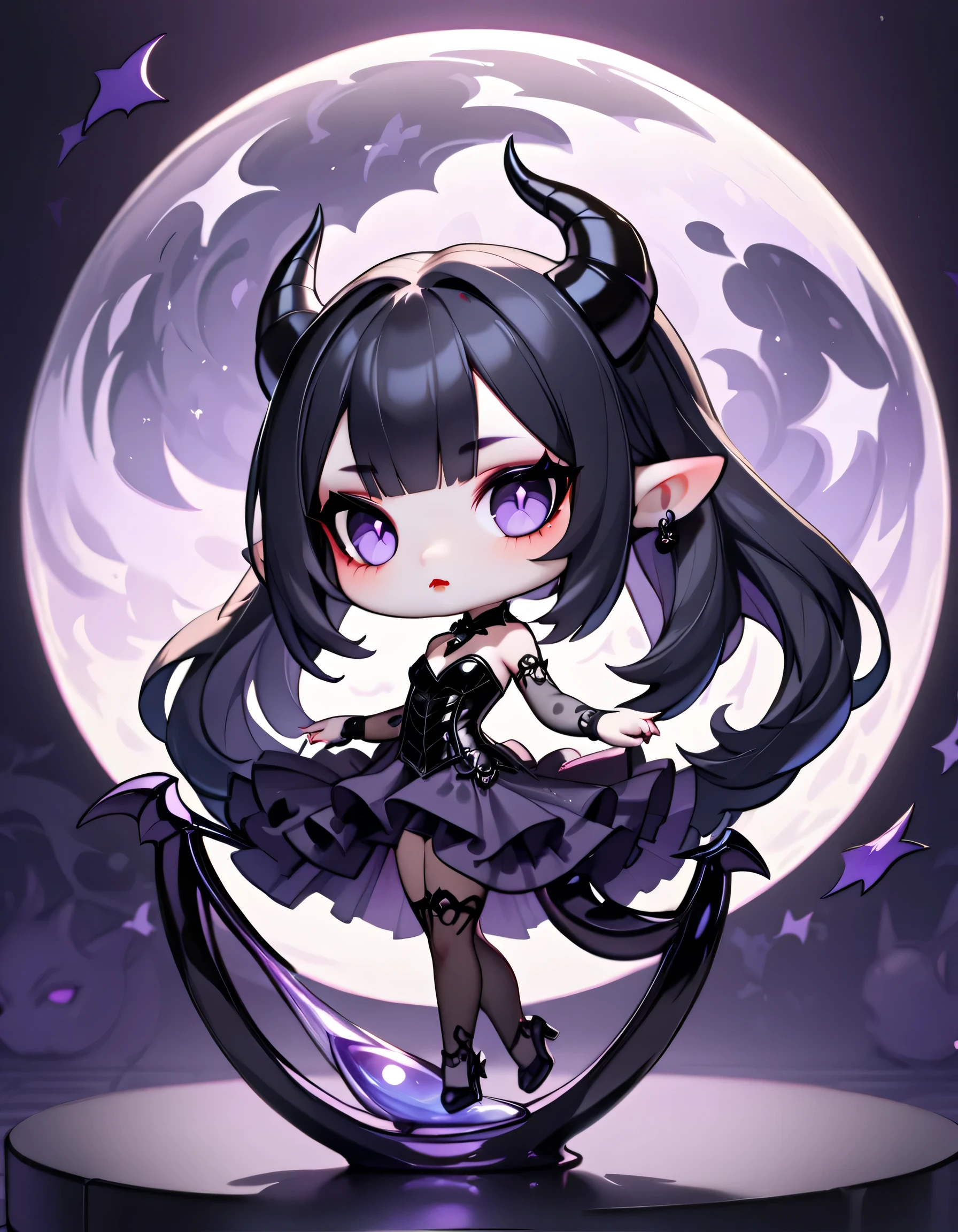 ((Masterpiece)), ((highres)), ((fullmoon background)) A beautifully detailed chibi succubus female with ((long black hair)), demon horns, demon tail, defined elf ears, gothstyle clothing, defined eyes, grey iris, defined nose, defined lips, big butt, hour glass figure, ((1person))