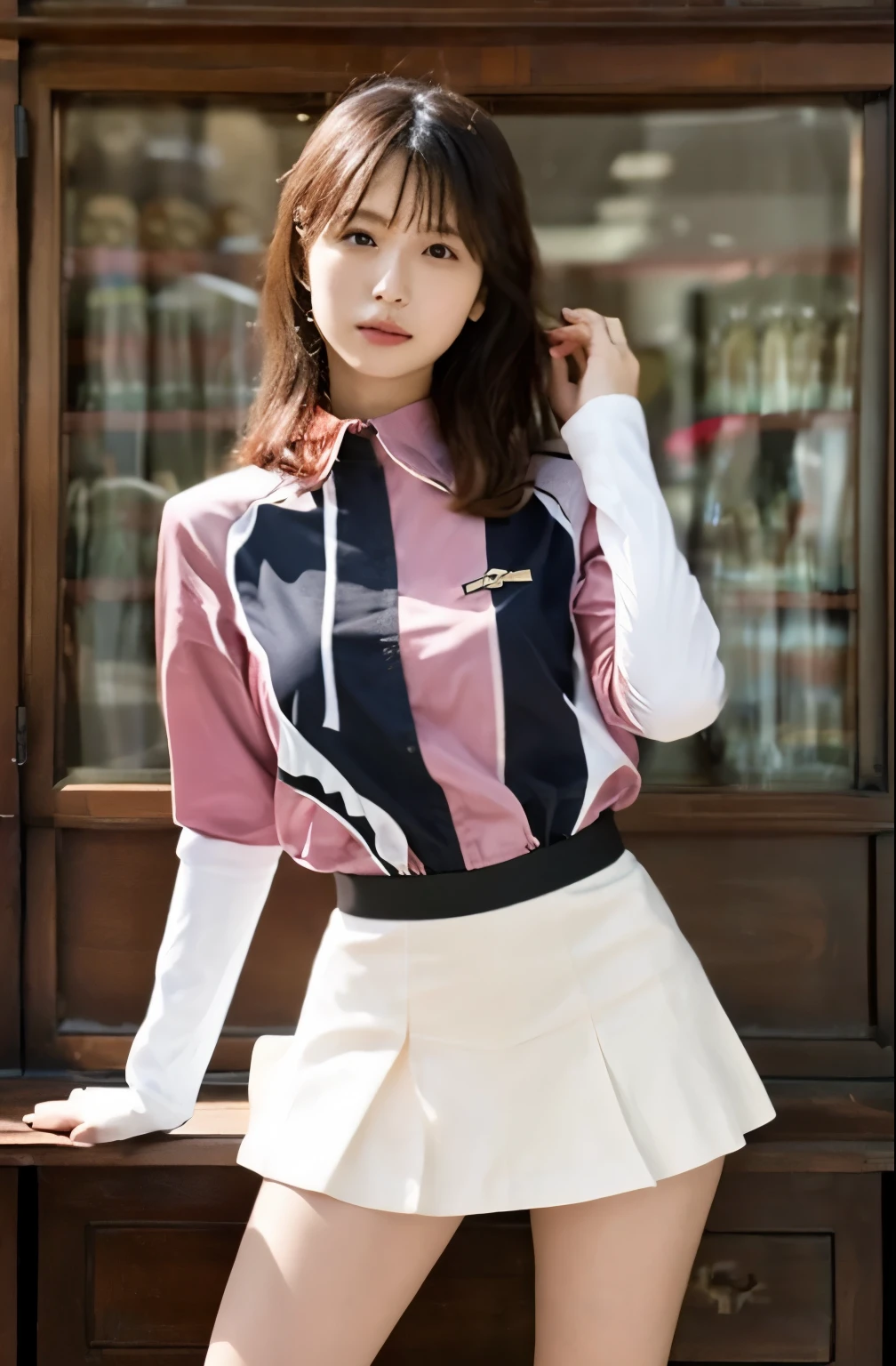 one girl , Sayla Mass, elegant , table top , Complex, パンツが見えそうなほど短い超ミニ skirtの軍用 pink uniform ドレス...............、 pure white panties 、Please squat down and show me your white pants................、超ミニ skirt ミニ skirtでパンツが見えちゃう、 white panties 、Realistic, best quality, absurd, High facial detail, Perfect Eyes, 18 years old, COWBOY SHOOTING , realization、, bright color , pink uniform , skirt、 photos with wide cuffs on the wrist 、 gravure photo shooting style 、real image、 High Quality、 one girl , Sayla Mass, elegant , feet , white panties ーを見せる, table top , Complex,超ミニ skirt、 white panties 、 Realistic, best quality, absurd, High facial detail, Perfect Eyes, 18 years old, COWBOY SHOOTING , , bright color , white uniform, skirt