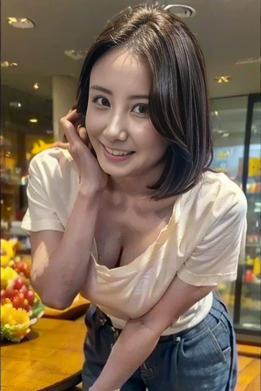 G-cup busty、(( best quality, 8k,  table top  :1.3)),  sharp concentration :1.2, 美しい mature woman , 50 Year Old Married Women ,  mature woman , (( Loose Fit T Shirt)), (( forward slack )), ( Beautiful breasts), (G-cup busty:1.5), Bust Emphasis,  very detailed face and skin textures, fine grain, (Round face:1.4), ( shopping at the supermarket,I'm bending over and shopping :1.2), downblouse, loose t-shirt, leaning forward
