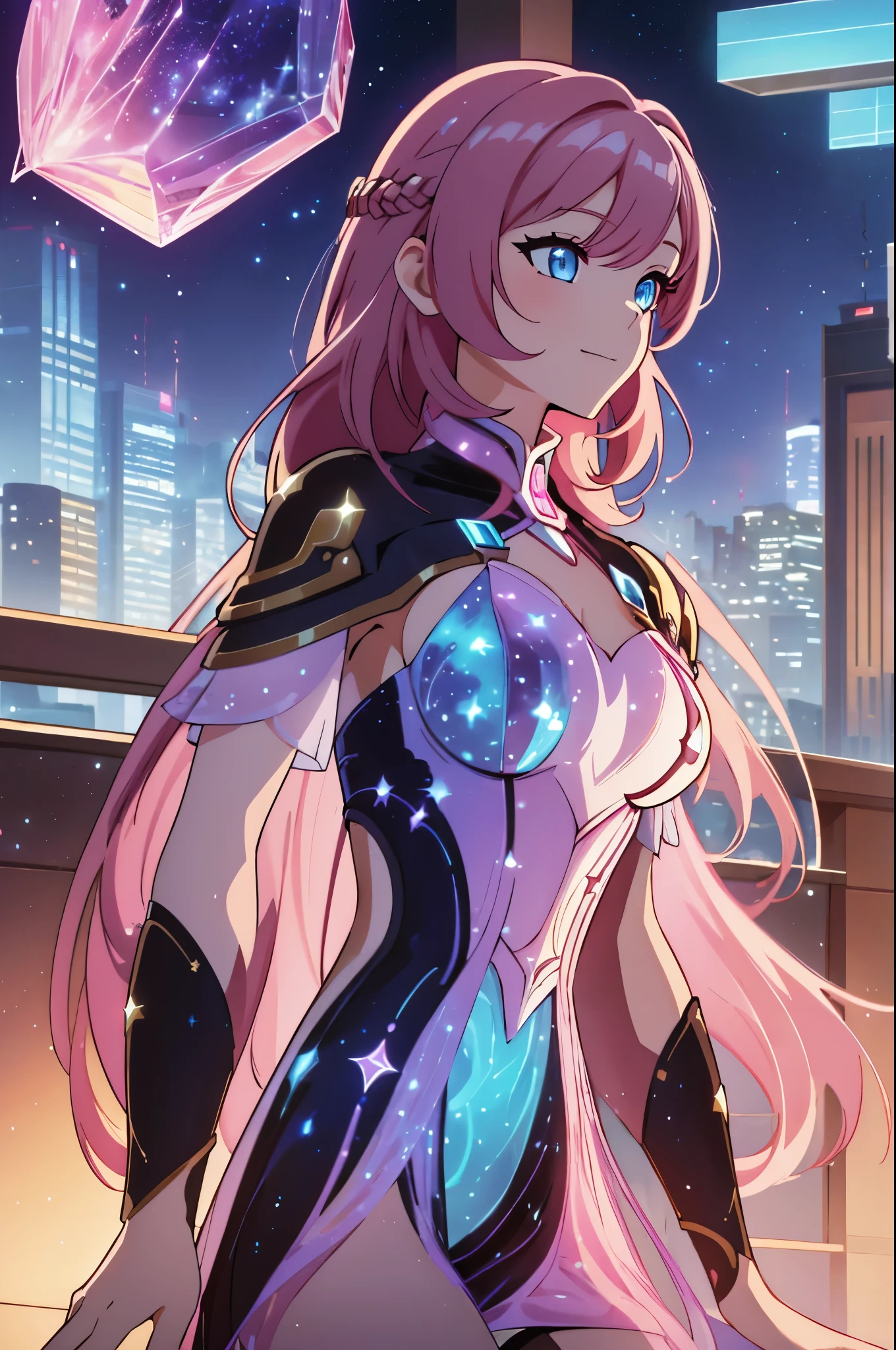 (high-quality, breathtaking),(expressive eyes, perfect face) Symmetrical Eyes, portrait, 1girl, pink and brown hair color, multicolored hair, glowing hair, bright blue eyes, breastplate, armor, gauntlets, wavy hair, smiling, goddess, Neopolitan RWBY, elysia \(herrscher of human:ego\), long hair length, half open eyes, mature woman, stars in background, blue embers, bioluminescent dress,
