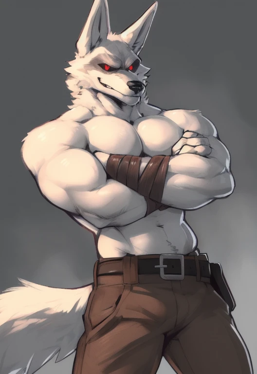 (by zackary911, anime, soft hatching) anthropomorphic, solo, human anatomy, adult, tall, mature, anthro, (skinny muscles, pecs, biceps, fit body), (DEATH (Puss in boots), white fur, wolf ears, wolf tail, red pupils, black sclera), (armbands, brown pants, belt around waist), (posing, smirking, pose, dynamic pose, crossed arms)