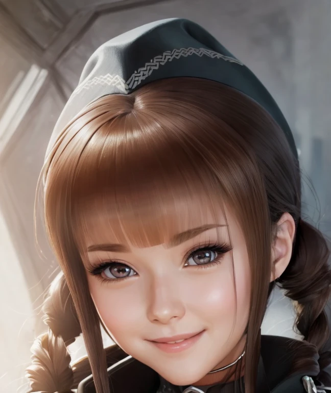  There is a woman with long hair who wears a suit and tie , secretaria hiperrealistic, secretaria hiperrealistic, Realistic young anime girl  ,  anime-style realism  , estilo de arte anime realistic , estilo de arte de anime realistic , Estilo anime 3D realistic, portrait of an anime girl,  artwork in the style of Guweiz  , Detailed portrait of an anime girl,  incredible anime face portrait  . model,  of Eastern European origin  (beautiful,elegant,sexy)  y Asian  (beautiful,sexy,linda) ,  Just looking at the viewer  , (realistic:1.4), (:1.0),  slightly pink eyes ,  Round pupils  (perfecta), eyelashes(perfecta),form (perfecta),form(better light),square face(perfecta), beautiful eyes, shirt,  sleeveless jacket and gray color , black tie, (  brown hair color  ), Braid, (  cute crossover pigtails  :1.2), (  hairpin  ), (smile, sensual), ( while smiling slightly ),(Detailed, ultra-Detailed, high Detailed, ultra realistic 8k CG,  perfect artwork, lyrical), grey military hat, wooden table, flores, information, no profit 