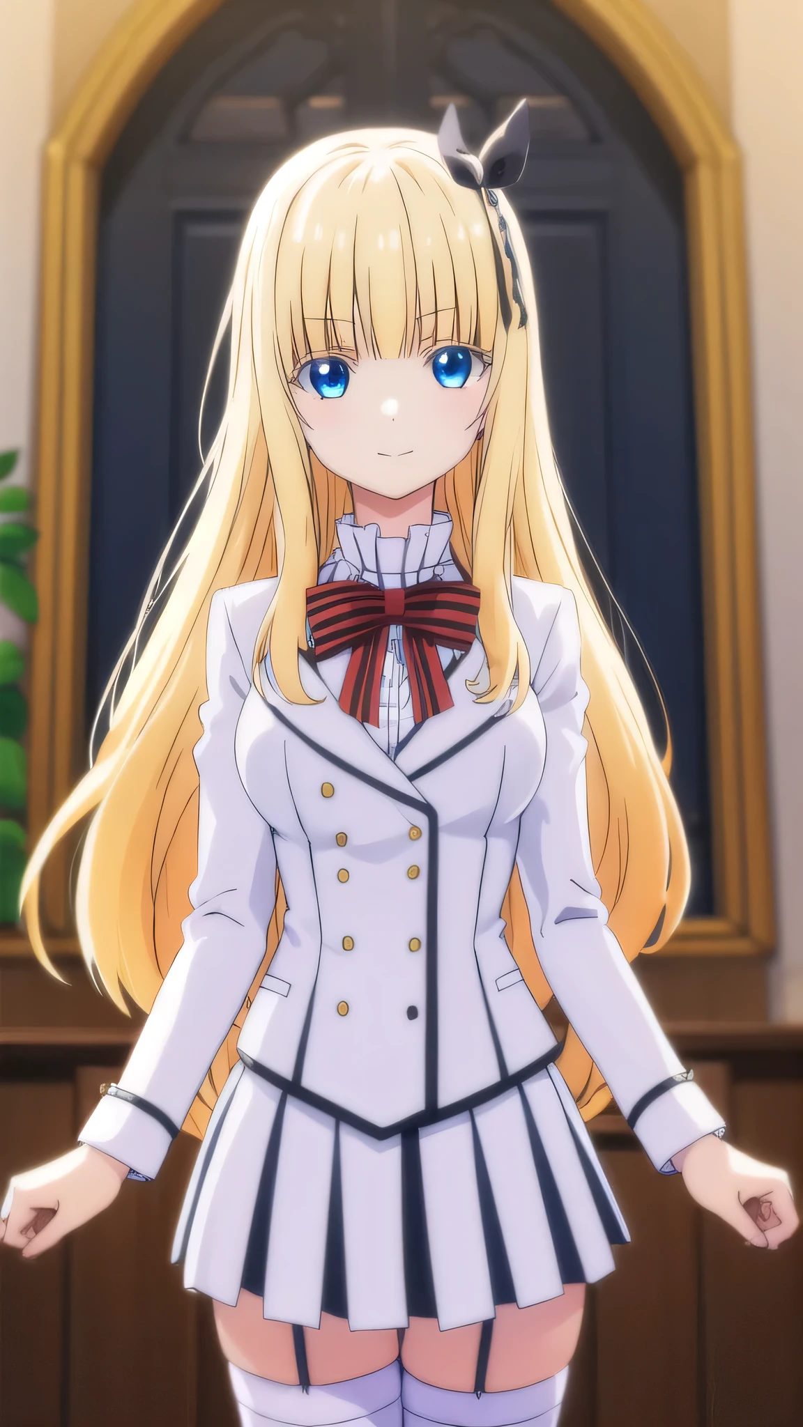 julietpersia, juliet persia, long hair, bangs, blue eyes, blonde hair, black ribbon, black bow, hair ribbon, hair bow, smile, (big breast:1.3), 
BREAK skirt, shirt, thighhighs, long sleeves, school uniform, jacket, white shirt, pleated skirt, shoes, striped, miniskirt, bowtie, black skirt, red bow, zettai ryouiki, black ribbon, garter straps, blazer, (white jacket:1.5), striped bow, striped bowtie,
BREAK indoors, library,
BREAK looking at viewer, (cowboy shot:1.5),
BREAK (masterpiece:1.2), best quality, high resolution, unity 8k wallpaper, (illustration:0.8), (beautiful detailed eyes:1.6), extremely detailed face, perfect lighting, extremely detailed CG, (perfect hands, perfect anatomy),