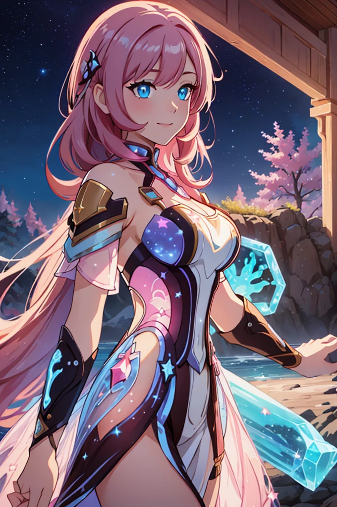 (high-quality, breathtaking),(expressive eyes, perfect face) Symmetrical Eyes, portrait, 1girl, pink and brown hair color, multicolored hair, glowing hair, bright blue eyes, breastplate, armor, gauntlets, wavy hair, smiling, goddess, Neopolitan RWBY, elysia \(herrscher of human:ego\), long hair length, half open eyes, mature woman, stars in background, blue embers, bioluminescent dress,