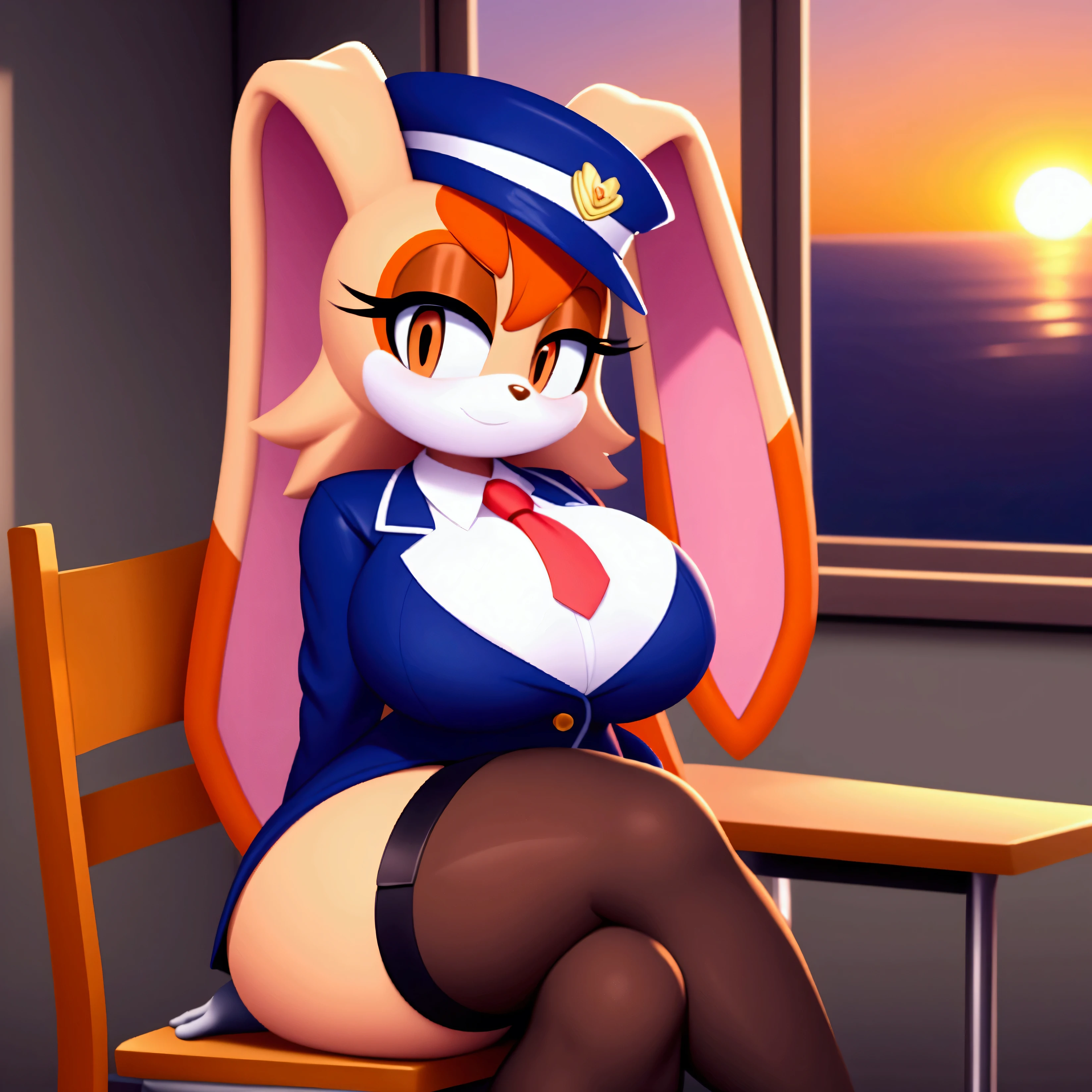  Vanilla the Rabbit school suit ,orange eyes,Wear , with black stockings with straps, white gloves, flirty look, Large breasts , big thighs sailor's hat, sitting on a chair  ,in a classroom , at sunset , school suit sitting next to a window with sunlight 