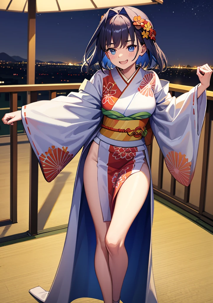 Outfit: ((thin, transparent kimono)). Location: (Rooftop with beautiful night view). Standing. ((Pinching chest with both arms)).Soft and large chest.Wrinkles due to the chest part of the outfit.(Shy laugh).(Image:3k Pixels).Draw with beautiful lines.(person one).(right arm Only one),(left arm Only one),(right leg Only one),(left leg Only one),((Perfectly balanced Five fingertips)).