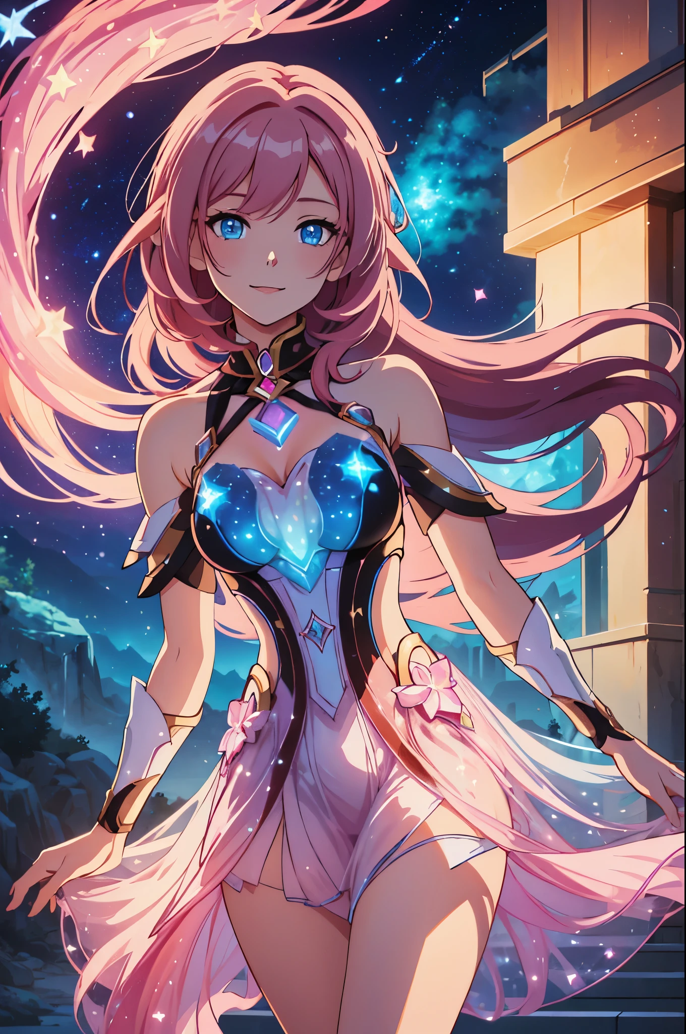 (high-quality, breathtaking),(expressive eyes, perfect face) Symmetrical Eyes, portrait, 1girl, pink and brown hair color, multicolored hair, glowing hair, bright blue eyes, breastplate, armor, gauntlets, wavy hair, smiling, goddess, Neopolitan RWBY, elysia \(herrscher of human:ego\), long hair length, half open eyes, mature woman, stars in background, blue embers, bioluminescent dress,