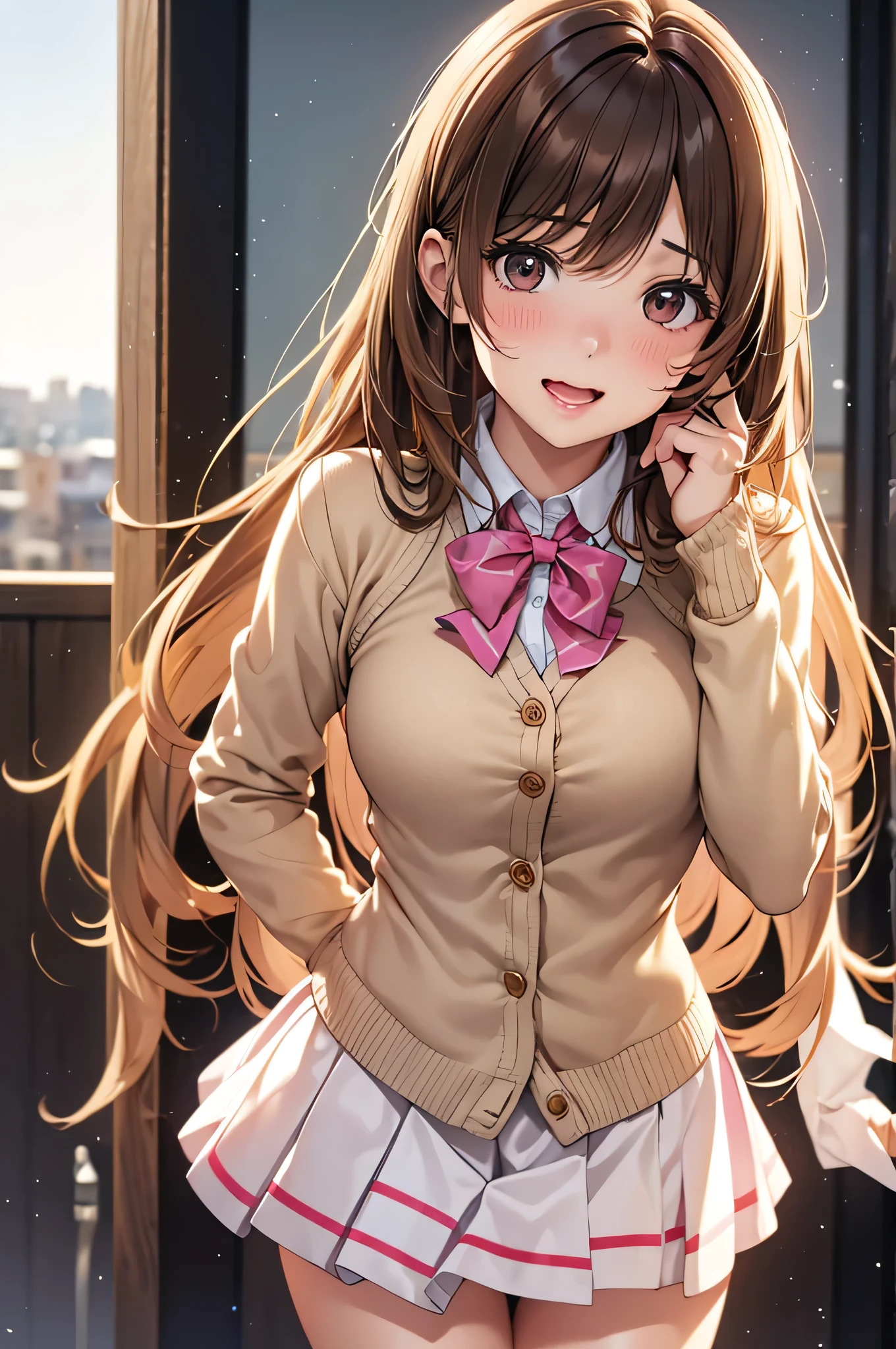  adult woman laughing, Alone,  sexy,8K resolution,(( best quality)), ultra high resolution, ( embarrassed face), ( Brown Eyes ),  beautiful symmetrical face , ( golden long hair), pink cardigan ,White shirt, uniform skirt,Realistic:1.4,Realistic:1.4,(masterpiece:1.2), perfect eyes,Perfect Eyes, anatomically correct human body ,Perfect waist,Perfect thighs