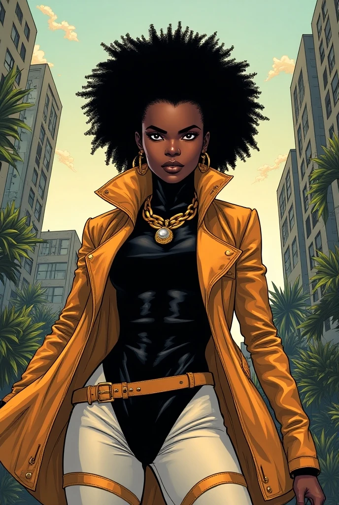 beautiful black woman, golden suit jacket, cleavage, album cover