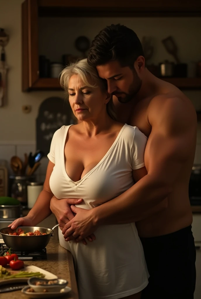 Sexy bbw 75 years old big butt,busty woman hugging 25 years young boy, kitchen, sexy night dress, Full body