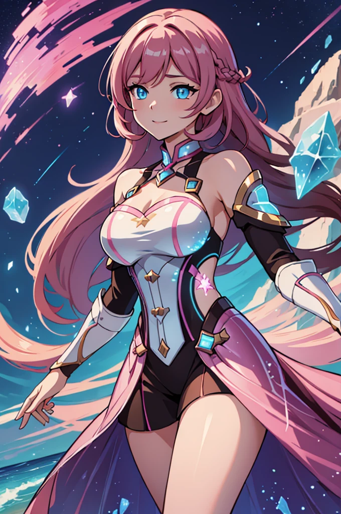 (high-quality, breathtaking),(expressive eyes, perfect face) Symmetrical Eyes, portrait, 1girl, pink and brown hair color, multicolored hair, glowing hair, bright blue eyes, breastplate, armor, gauntlets, wavy hair, smiling, goddess, Neopolitan RWBY, elysia \(herrscher of human:ego\), long hair length, half open eyes, mature woman, stars in background, blue embers, bioluminescent dress,
