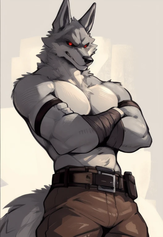 (by zackary911, anime, soft hatching) anthropomorphic, solo, human anatomy, adult, tall, mature, anthro, (skinny muscles, pecs, biceps, fit body), (DEATH (Puss in boots), white fur, wolf ears, wolf tail, red pupils, black sclera), (armbands, brown pants, belt around waist), (posing, smirking, pose, dynamic pose, crossed arms)