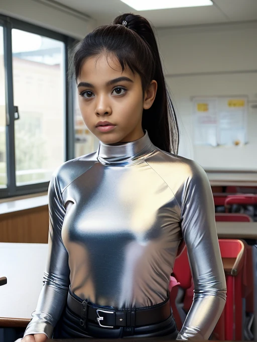  Portrait of a charming 18-year-old teenage girl ,  Healthy , Beautiful Indian girl, ponytail, cute and serious , blushing,  is an obscene and provocative expression for the viewer, (( tight silk silver top ))), black latex pants with a belt ,  full body, bang, at school,  in class while sitting on a desk,  sexy  ,  ultra-realistic ,  Photorealistic ,  in detail, light skin, 8K  in detail, [don&#39;t worry, nsfv,] ((Full-length view)) From the head below the knees .