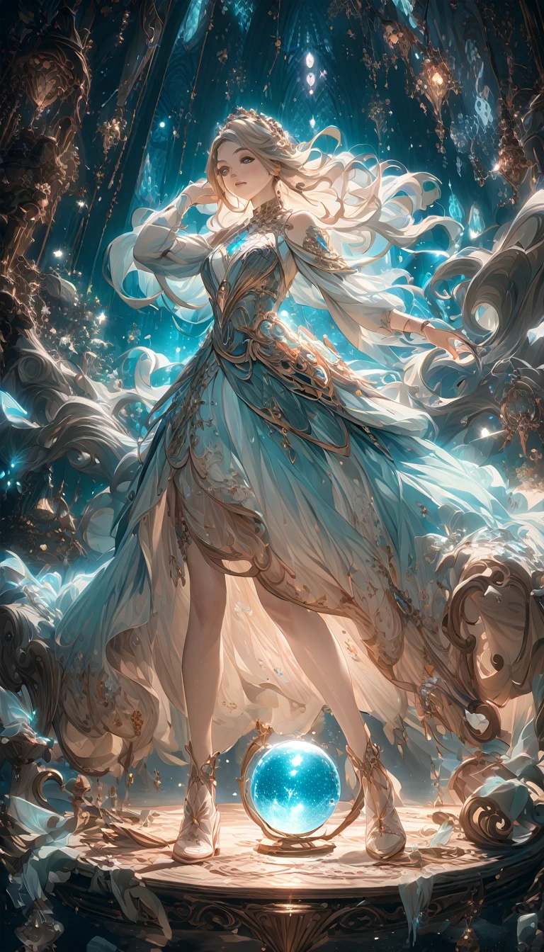 A beautiful woman gazing into a crystal ball in a room filled with sparkling stars, elegant flowing dress, mystical aura, crystal ball with shimmering light, glowing stars in the background, intricate details, cinematic lighting, ethereal atmosphere, fantasy art, muted color palette, dreamlike quality