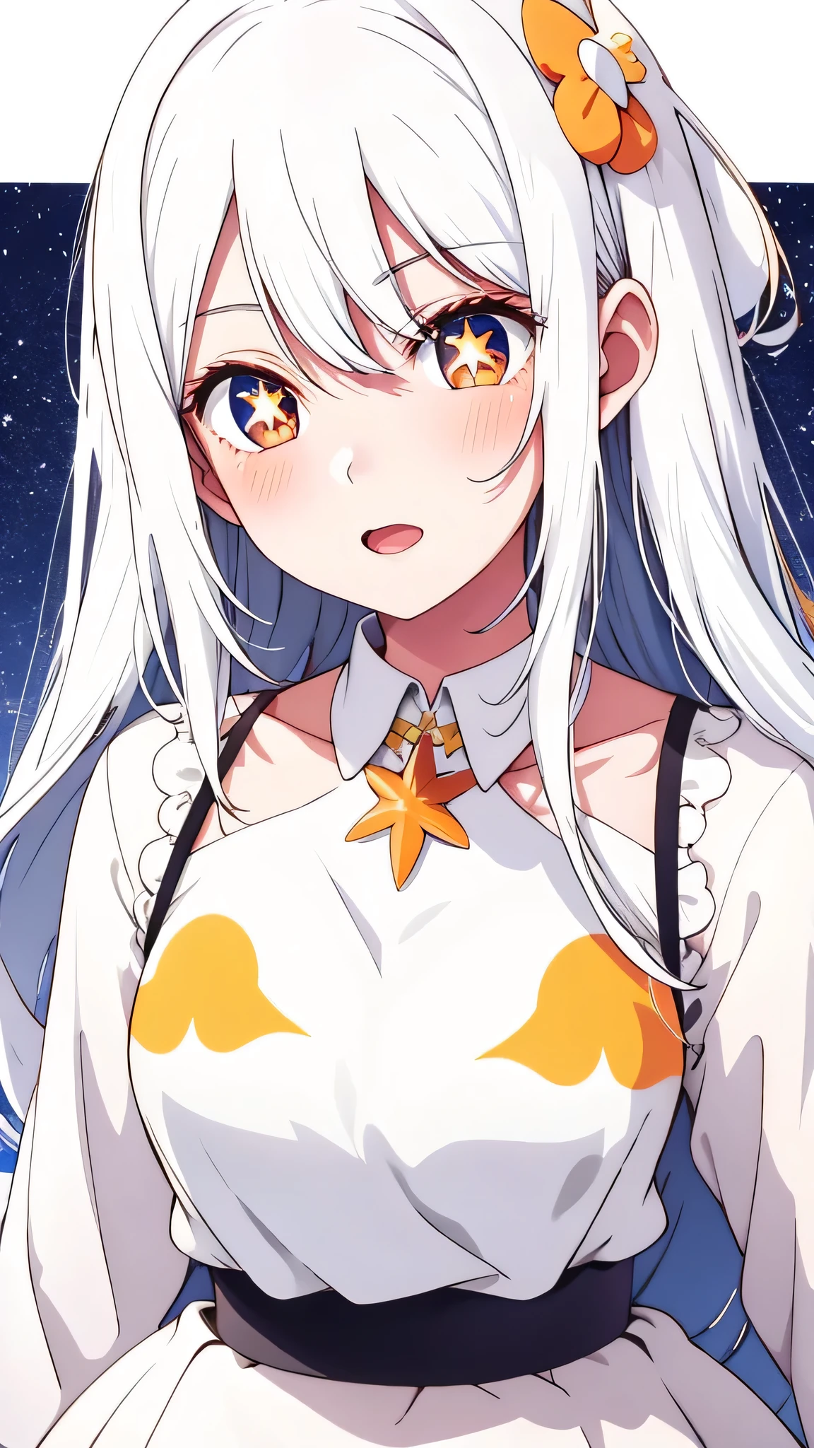 obra prima、 、(1 em:1.2)、,     Best quality,    white hair,  orAnge eyes   ,, cute girl, His expression is solemn, Cara sexy,  she has a pretty and expressive face , breasts、Ai Hoshino、[[[[[At home}, orAnge eyes, smile, happy, adult woman, white idol dress, angel wings,  white hair,, happy, white hair, open_mouth, star_\(symbol\),  symbol-shaped_pupils, ,star-shaped _pupils,symbol-shaped_pupils, vibrant,  highly detailed  ,1girl , Alone , 