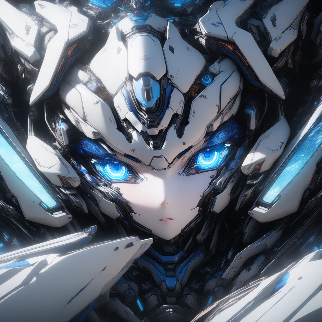 1 robot,   A lovely mecha,  alone, Front standing posture , Sleek and simple ，Head close-up， head eyes black screen frame,   The colors are white and blue  , Adorable anime face ,  is of the best quality, masterpiece, Detailed and complex, Realistic Textures, Volumetric Lighting  