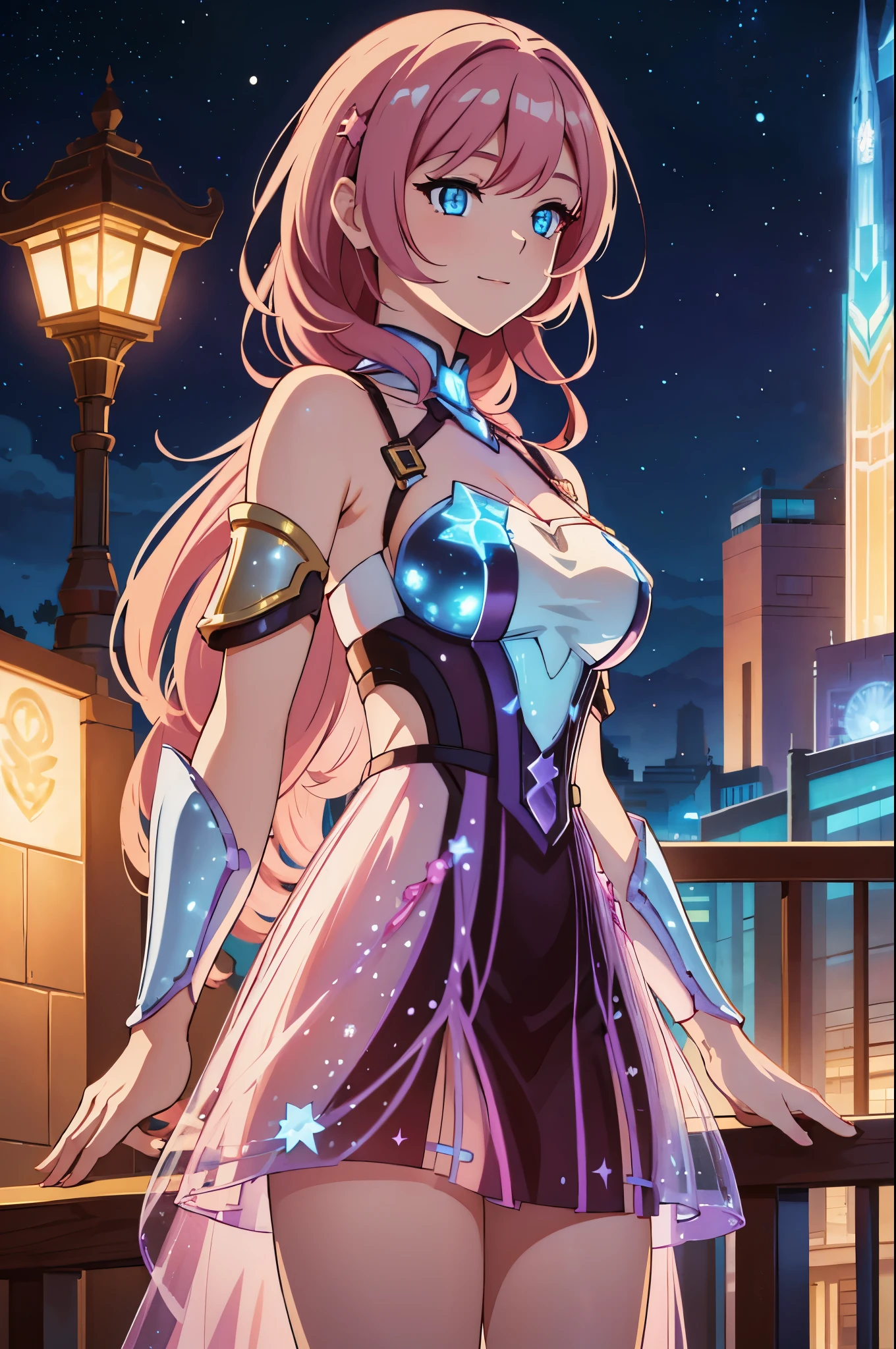 (high-quality, breathtaking),(expressive eyes, perfect face) Symmetrical Eyes, portrait, 1girl, pink and brown hair color, multicolored hair, glowing hair, bright blue eyes, breastplate, armor, gauntlets, wavy hair, smiling, goddess, Neopolitan RWBY, elysia \(herrscher of human:ego\), long hair length, half open eyes, mature woman, stars in background, blue embers, bioluminescent dress,
