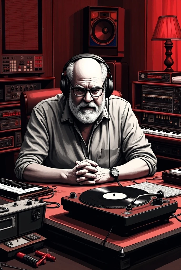  There is a 50-year-old music producer， with a short white beard ,  Short hair, (  slightly overweight  ), Wearing glasses, Sitting at the table， with keyboard and headphones , Vintage Record Player, studio, Play electronics , Music playback, Listen to music,  Milton Kaniff  , beautiful illustration , Duotone, Two colors, Black and red, painting, ink, masterpiece