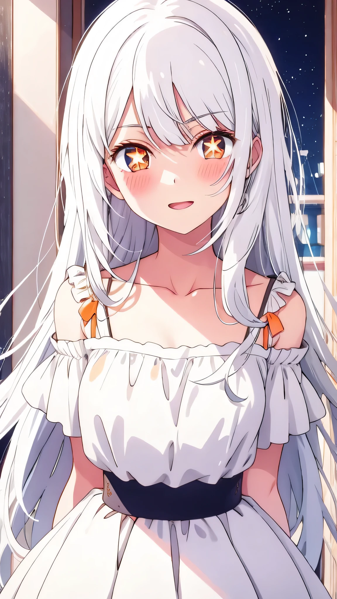 obra prima、 、(1 em:1.2)、,     Best quality,    white hair,  orAnge eyes   ,, cute girl, His expression is solemn, Cara sexy,  she has a pretty and expressive face , breasts、Ai Hoshino、[[[[[At home}, orAnge eyes, smile, happy, adult woman, white idol dress, angel wings,  white hair,, happy, white hair, open_mouth, star_\(symbol\),  symbol-shaped_pupils, ,star-shaped _pupils,symbol-shaped_pupils, vibrant,  highly detailed  ,1girl , Alone , angel wings