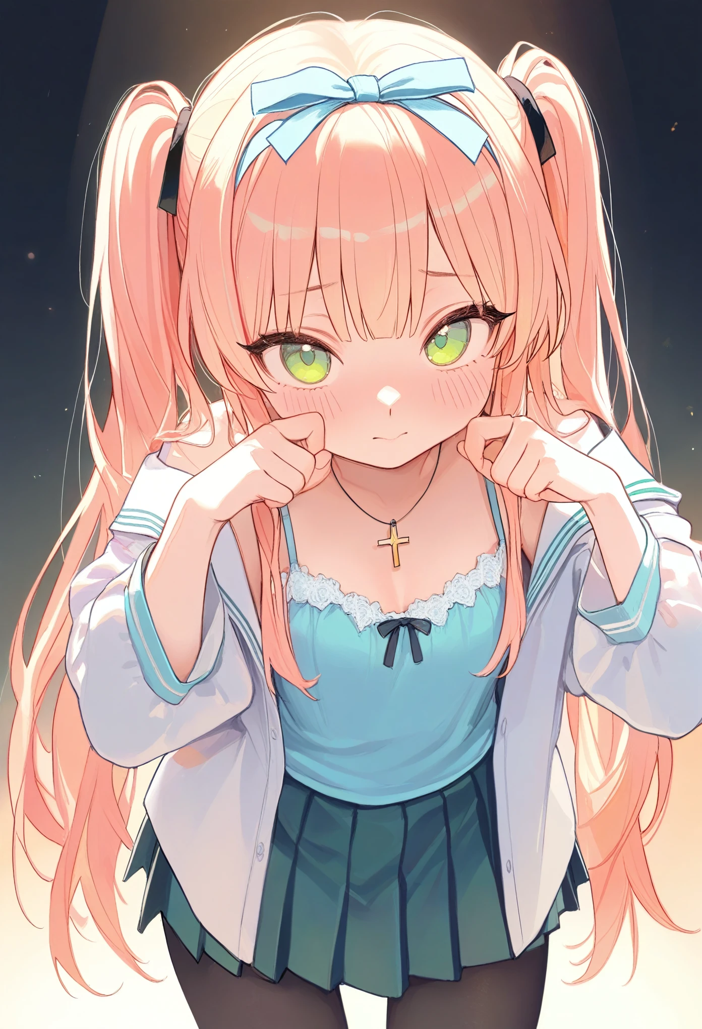 masterpiece, best quality, 8k, highres, ultra-detailed,  HDR, UHD, studio lighting, extreme detail description, professional,illustration,pastel,
theme color green, best quality, 1girl, long hair, twintails, green eyes, blush, frilly headband, white blouse, open shirt, pastel colors, blue camisole, short skirt, pleated skirt, thigh-high stockings, ribbons, star accessory, cross necklace, cute pose, hand near face, playful expression, light gradient background, soft lighting, kawaii aesthetic