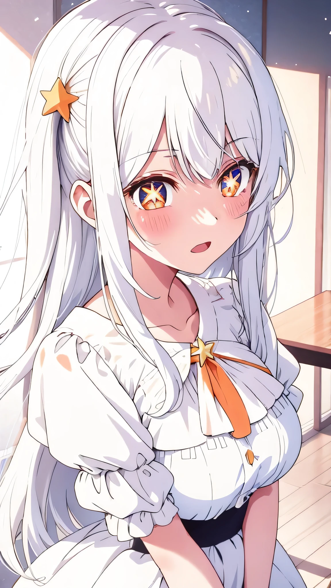 obra prima、 、(1 em:1.2)、,     Best quality,    white hair,  orAnge eyes   ,, cute girl, His expression is solemn, Cara sexy,  she has a pretty and expressive face , breasts、Ai Hoshino、[[[[[At home}, orAnge eyes, smile, happy, adult woman, white idol dress, angel wings,  white hair,, happy, white hair, open_mouth, star_\(symbol\),  symbol-shaped_pupils, ,star-shaped _pupils,symbol-shaped_pupils, vibrant,  highly detailed  ,1girl , Alone , angel wings