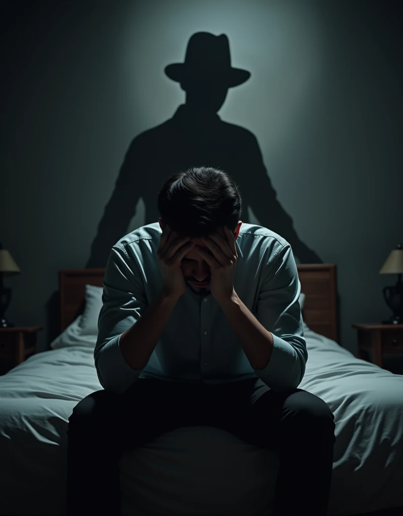  a man in room sitting on the bed ,  hands on his head and elbows on his knees , thinking, worried. Behind him,  leaning against the wall ,  there is a very dark shadow standing there just watching .  the shadow seems to be that of a man in a straight-brimmed hat . You can't see your eyes ,  you can't see anything but a darker shade than the normal shadows of the scene