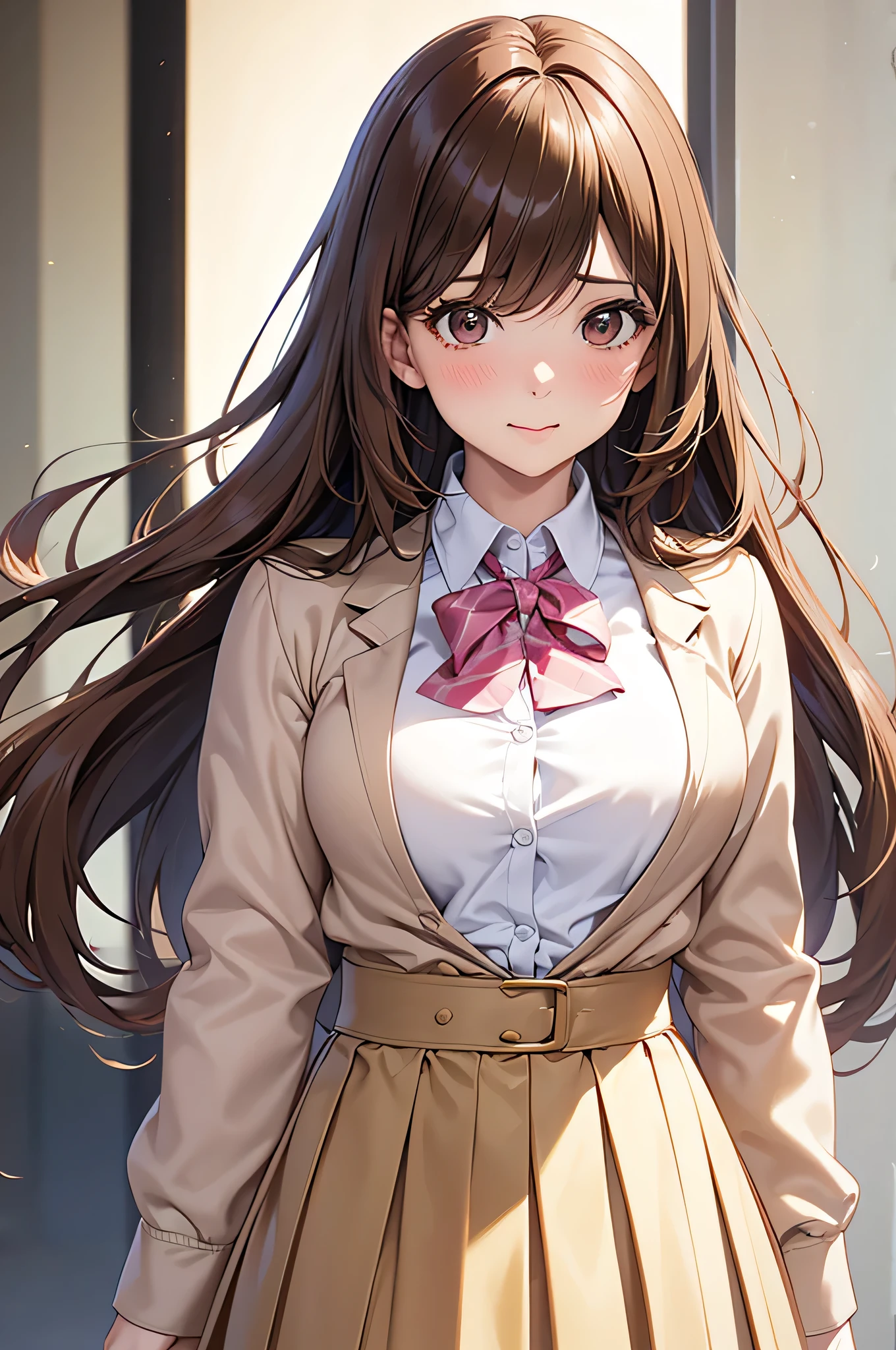  adult woman laughing, Alone,  sexy,8K resolution,(( best quality)), ultra high resolution, ( embarrassed face), ( Brown Eyes ),  beautiful symmetrical face , ( golden long hair), pink cardigan ,White shirt, uniform skirt,Realistic:1.4,Realistic:1.4,(masterpiece:1.2), perfect eyes,Perfect Eyes, anatomically correct human body ,Perfect waist,Perfect thighs