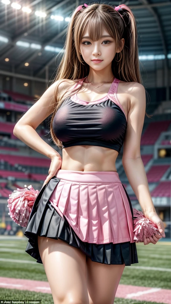 (RAW shooting:1.2)、(Photorealsitic:1.4)、(masterpiece:1.3)、(top-quality:1.4)、japanese beautiful woman、(large full breasts:1.3)、beauty breast、(cleavage of the breast)、(erectile nipple:1.2)、(cheer girl:1.5)、a miniskirt、beautiful eyes finely detailed、eye lashes、beautiful double eyelid、eyeshadows、Perfect eye makeup、(Smile full of happiness:1.4)、Beautiful and thin legs、(Perfect body shape beauty: 1.2)、(Skirt fluttering、Pink panties:1.3)、(Short Bob:1.2)、fluffy hair、stadio、Daytime、Sexy navel、Skinny Legs、tthin eyebrows、Tear bag、lofty nose、(extemely sexy:1.2)、(Jump up:1.2)、bokeh dof、