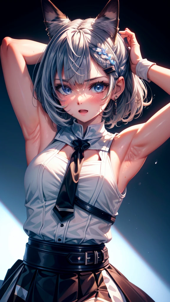 Cute girl . so cute , Round Face . White hair alone , Slim , Short stature . Glowing skin . Pure white tube top T-shirt . shorts . Dynamic poses . Dynamic Angle . No background , White background , Looking at the audience修长性感的双腿, Put your hands behind your head((Clear nipples))、Rocket , (Large Breasts),(because I'Thin) , 身材Short stature . Smooth skin . Plain white T-shirt . . Dynamic poses . Dynamic Angle . No background , White background , Looking at the audience