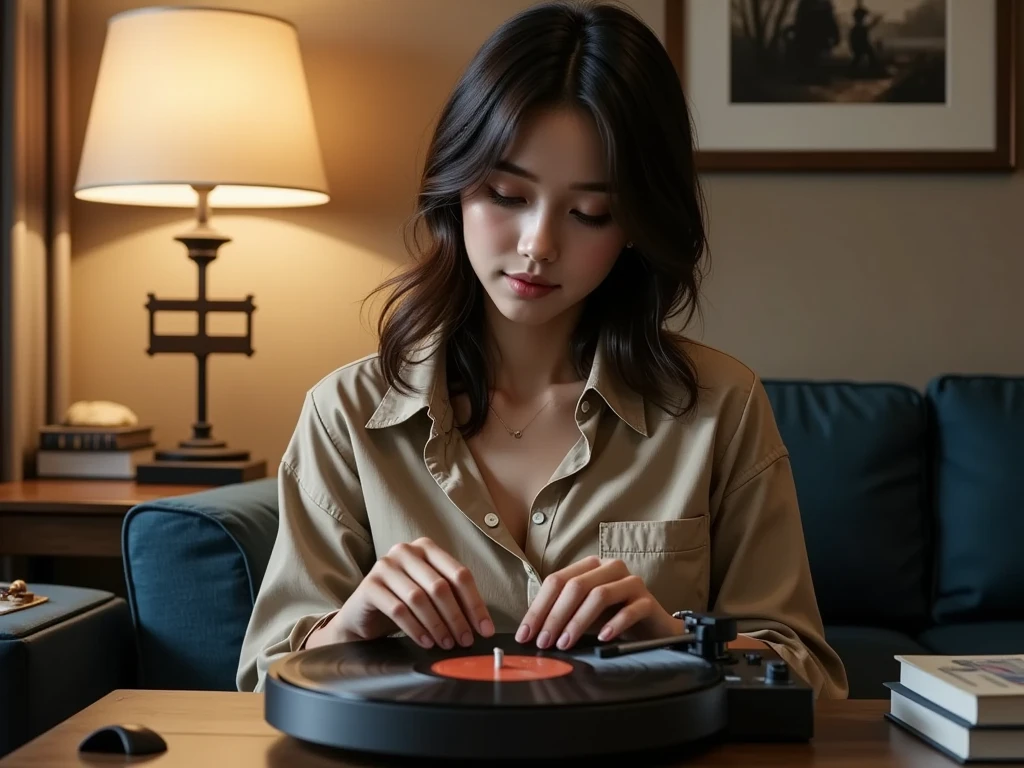 ( Record Player にフォーカス、机の上の Record Player :1.3)、リビングルームのsofaに座り、 Record Player でmusicを聴いているwoman。 Casual Clothes を着ている。( best quality、4K、8k、 high definition 、masterpiece:1.2)、 super detailed、( real、 photorealistic where hair fits on screen、 photorealistic where hair fits on screen:1.37)、HDR、UHD、 studio lighting、Ultra High Definition Painting、 Sharp Focus、 Physically Based Rendering 、 extremely detailed depiction 、 professional、 bright color 、Bokeh、 portrait、interior、woman、sofa、 Record Player 、music、 Casual Clothes 、 cozy、Warm lighting、