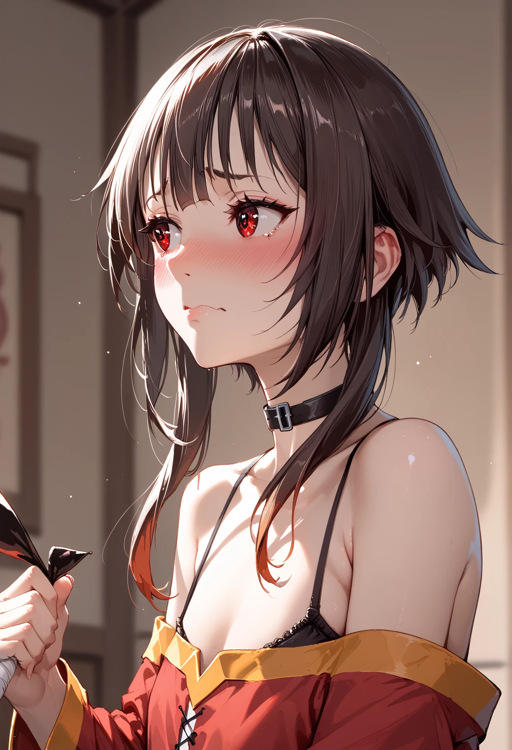 Megumin,sexy, small boobs,Look away、 embarrassed 、Red face,Black underwear