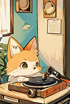 masterpiece， best quality， illustration style ,  cute design , The most beautiful girl ever 、Little ，Baby kitsune, (((vintage record player)))、analog， living room