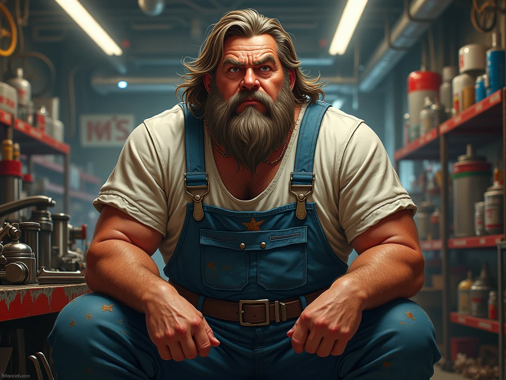Fat muscular mechanic solo gamer
