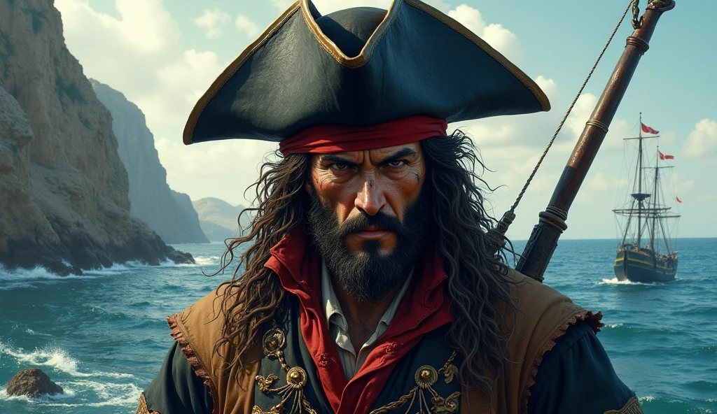 High resolution、Delicate depiction、8k、Realistic、(((Realistic)))、Really、Realistic depiction、photograph、Cinematic、Young people、26 talents、Muscular、Toned body、Upper body naked、Black Hair Semi-Long、(((Ten-gallon hat and goggles)))、(((The chin strap is secured with a small skull accessory..)))、(((Large round orange jade necklace)))、Bust Shot、On the boat、Palm flame、Behind him are his fellow pirates.